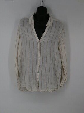 H by Halston 100% Linen Button Down Shirt Size Medium Striped Beachy Coastal